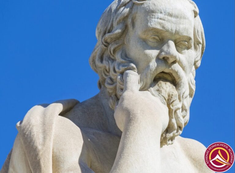 Socrates ponders philosophical thoughts for the Philosophy course at Athena's Homeschool Academy - AHA!